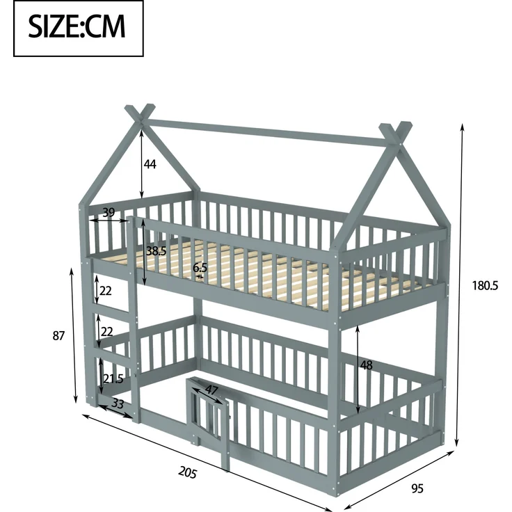 Hochbett Mit Spielebene Grau 90x200 Holz Metall Sicherheitsgeländer Treppe 120kg Tragkraft Kinderzimmer Spielbett Schlafbereich Multifunktional – Bild 4