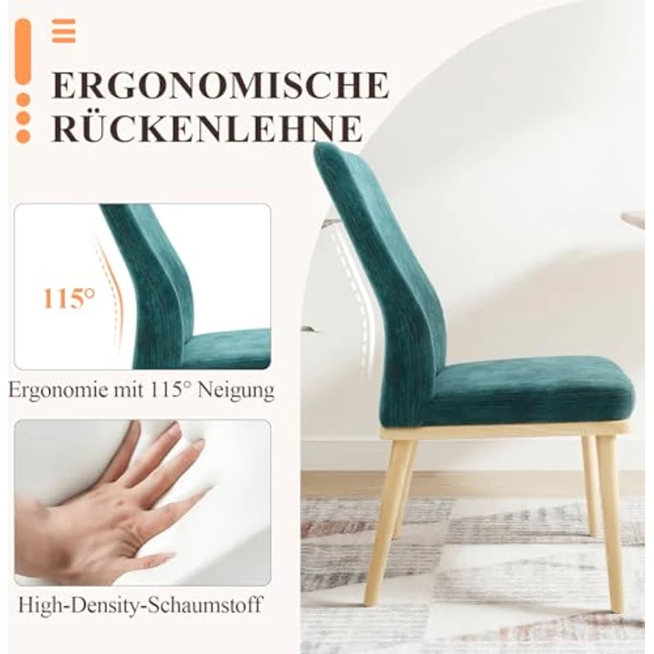 COLAMY Gepolsterte Küchenstühle, 4er Set, Moderne Küchenstühle mit hoher Rückenlehne, gepolsterte Esstisch stühle mit Massivholzbeinen für Restaurant/Café/Zuhause, Grün – Bild 3