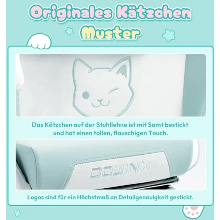 Dowinx Gaming Stuhl - Süße Katze Edition - Ergonomischer Computerstuhl mit Hoher Rückenlehne und Lendenwirbelstütze, PU-Leder, Fußstütze, Blau – Bild 6