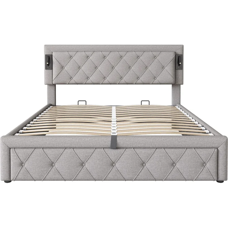 Polsterbett mit LED-Beleuchtung und Lattenrost, Kopfteil mit Spots, Type-C und USB Anschlüssen, 160x200 cm, gepolsterter Kopfteil, Doppelbett, Stauraumbett, Leinen – Bild 9