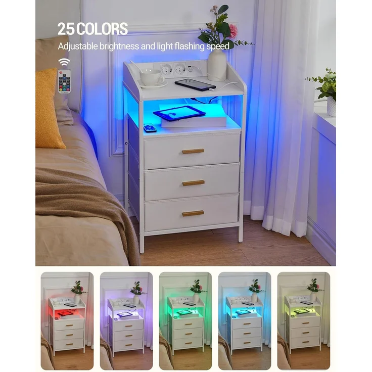 Nachttisch 2er Set, mit LED-Leuchten und Ladestation, Beistelltisch mit 3 Stoff-Schubladen und Regalen, mit USB-Anschlüssen & Steckdosen, für Schlafzimmer, Wohnzimmer, Weiß – Bild 4