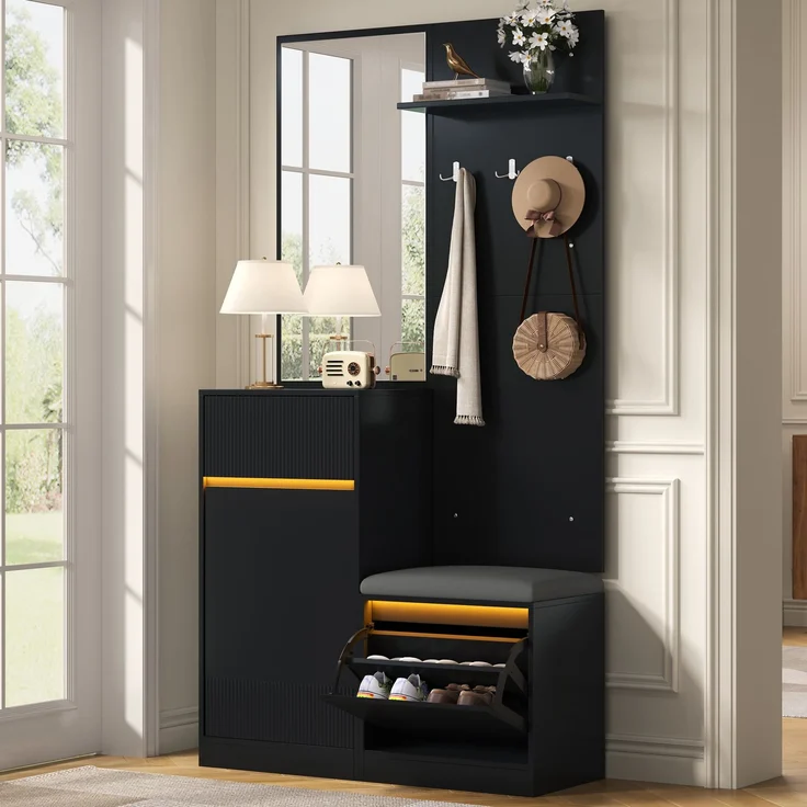 Kompaktgarderobe 105 x 38 x 190 cm in Schwarz mit Spiegel, Sitzbank und LED-Beleuchtung – Bild 7