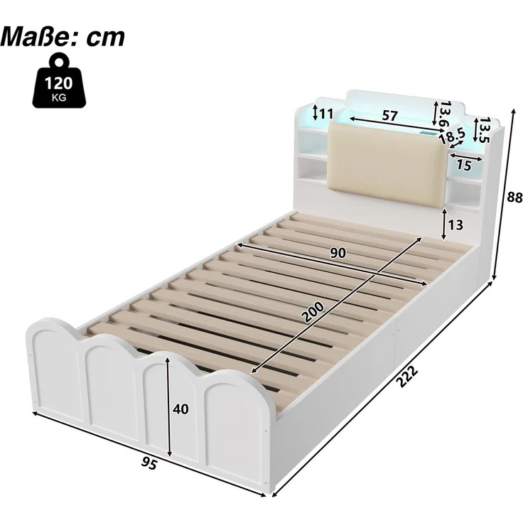 Holzbett mit RGB LED-Streifen, Stauraum, Lattenrost, Kopfteil mit Polsterung, Regal, USB, Type-C, 90x200cm, Einzelbett, Stauraumbett, Jugendbett – Bild 7