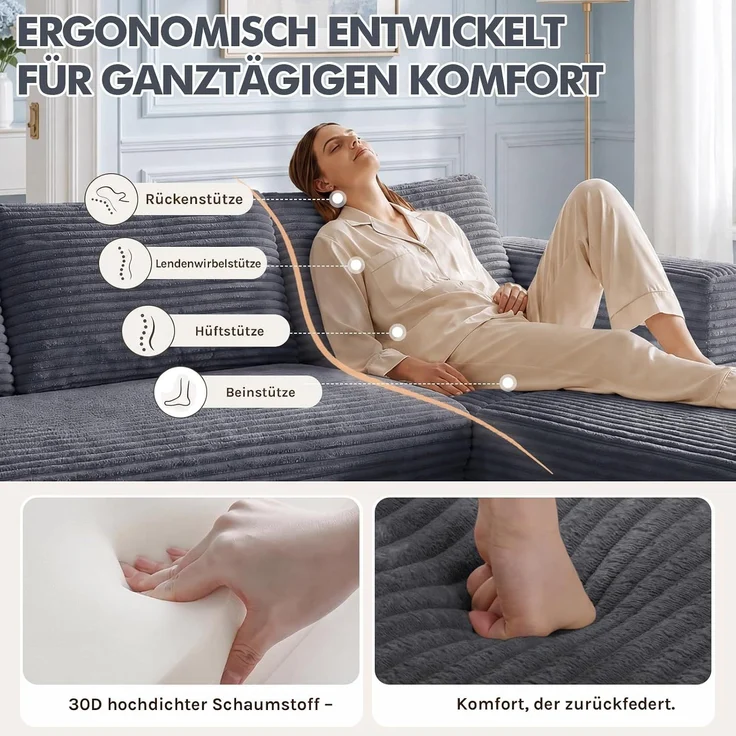COMHOMA Ecksofa mit Schlaffunktion, 255cm Corduroy Modulares Boneless Couch mit Chaiselongue & Rücken-Metallgestell, L-Form Schlafsofa mit offenem Design, Kissen & Seitentaschen,für Wohnzimmer, Gris-L – Bild 8
