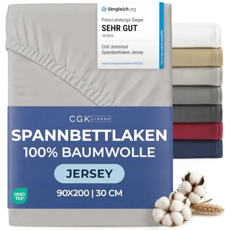 Spannbettlaken Jersey 90x200 cm - 100% Baumwolle weich & atmungsaktiv wärmend - Bettlaken Spannbetttuch mit Rundumgummi für Matratzen bis 30 cm & Boxspringbetten DE - Oeko-Tex Zertifiziert - Hellgrau – Bild 1