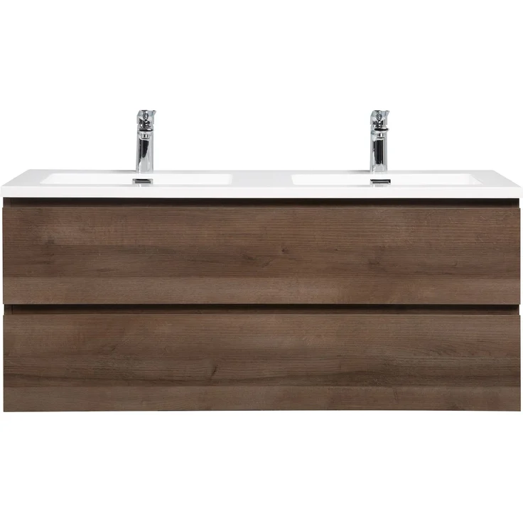 Badplaats Badmöbel Set mit Waschbecken und Unterschrank Angela 120 x 48 cm Braun Eiche - Waschbeckenunterschrank mit Soft-Close und Doppelwaschbecken, Vorgemontiert – Bild 5