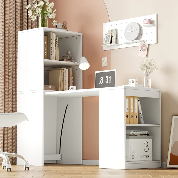 Flieks Schreibtisch 130x55x137 cm Klapptisch 2-in-1 mit Stauraum & Schrank, Multifunktionaler Computertisch mit 4 Fächern, Weiß – Bild 2