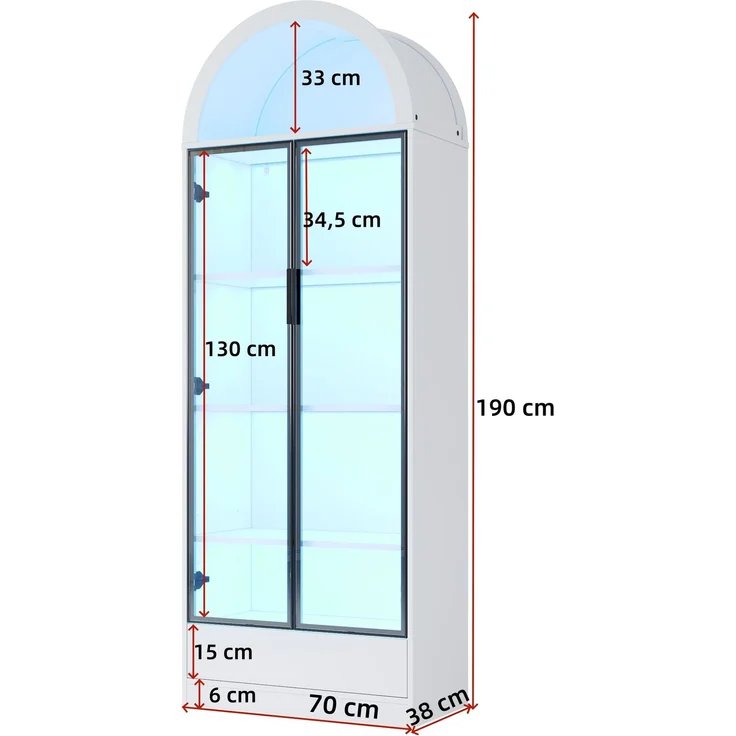 Vitrine 70x38x190 cm in Weiß mit LED-App-Steuerung, Glastüren und Schublade – Bild 5