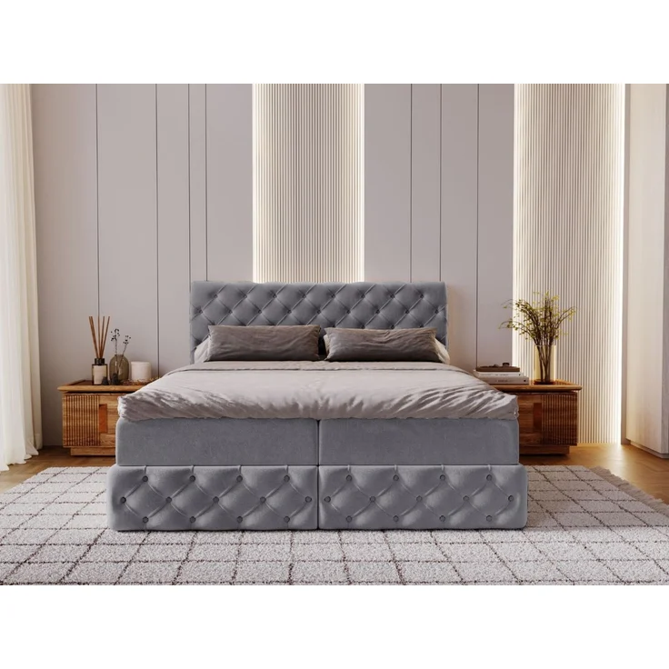 GRAINGOLD Canolo Doppelbett 180x200, Boxspringbett mit zwei Bettkästen, Glamour Stil, Velour-Stoff, Grau – Bild 3