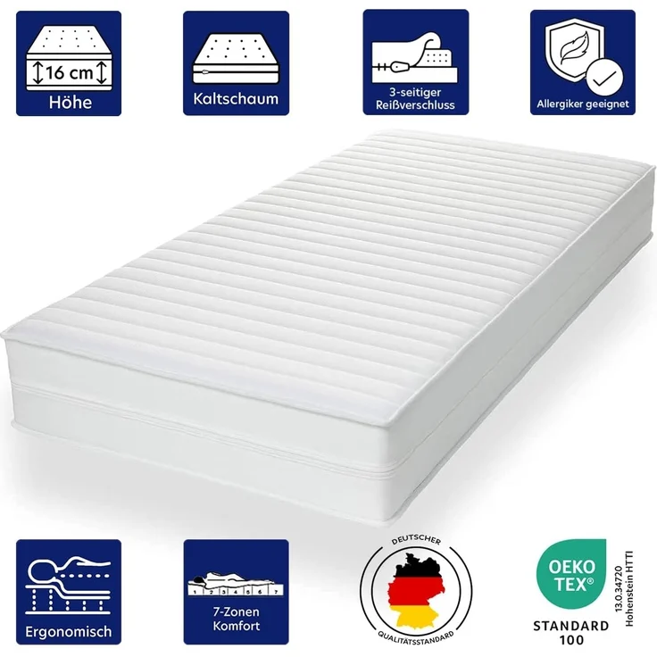 Träumegut24 AquaFlex 7-Zonen Matratze 160x200 cm | H2&H3 | Ergonomische Kaltschaummatratze | Hypoallergen & Antibakteriell | Bezug abnehmbar & waschbar | Oeko-TEX® | (16cm, 160 x 200 cm) – Bild 2