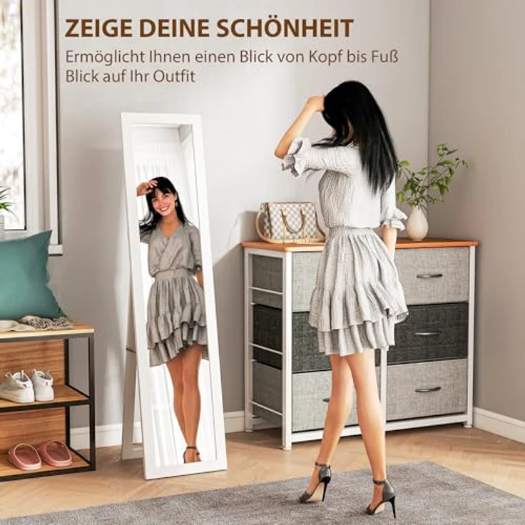 HOMCOM Standspiegel mit Ständer und Haken (Stehspiegel, 1-St, Wandspiegel), für Wohnzimmer, Schlafzimmer, Weiß – Bild 4