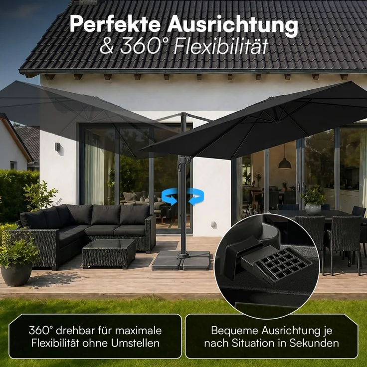 STEELSØN 'Lyrion' Sonnenschirm 300x300 cm quadratisch, neigbar und 360-Grad drehbar, schwarz, Ampelschirm inkl. Abdeckung, UV50+ – Bild 2