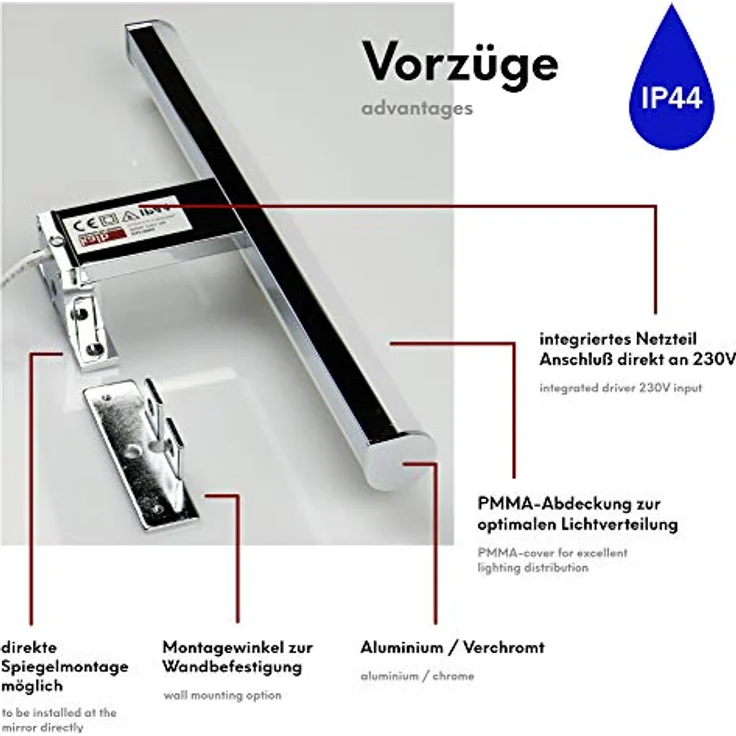 kalb LED Spiegelleuchte LED 300mm Aufbauleuchte 230V Badezimmer Leuchte verchromt, 300mm warmweiß, warmweiß – Bild 8