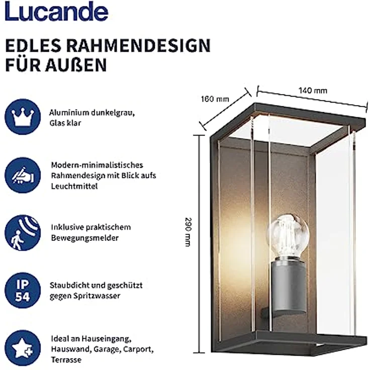 Lucande Wandlampe außen mit Bewegungsmelder, spritzwassergeschützt IP54, 1xE27 max. 15W ohne Leuchtmittel, Aluminium und Glas – Bild 2