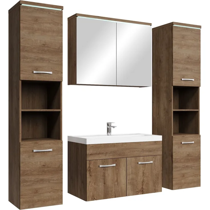 Badplaats Badmöbel Komplettset Paso XL LED 80 x 40 cm Braun Eiche - Badezimmermöbel mit Waschbecken, Spiegelschrank und 2 Badezimmerschränke