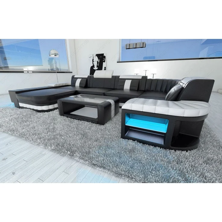 Sofa Dreams - Mini Designer Wohnlandschaft Bellagio Led U-Form - Kunstleder - Schwarz-Weiß - Links – Bild 5