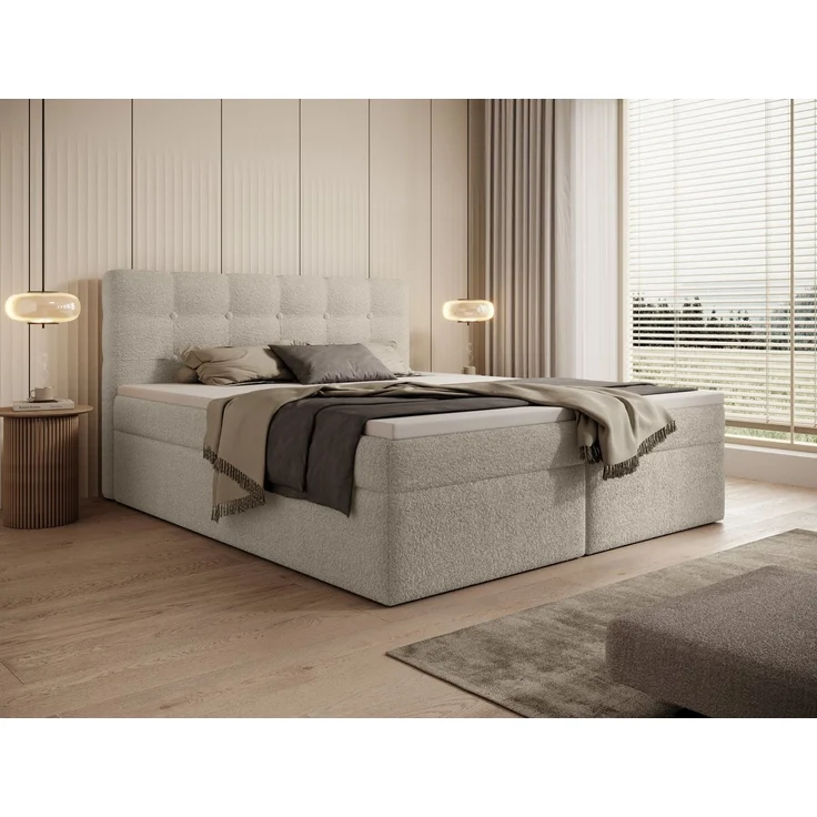 thematys Boxbett Luxus mit Bettkasten 140x200cm, mit Bonnellfederkernmatratze H3, Bouclé/Velours, mit Stauraum, mit 3 cm Topper, Beige (Frotte 5), Art.-Nr. S0WGG0ANMUM – Bild 1