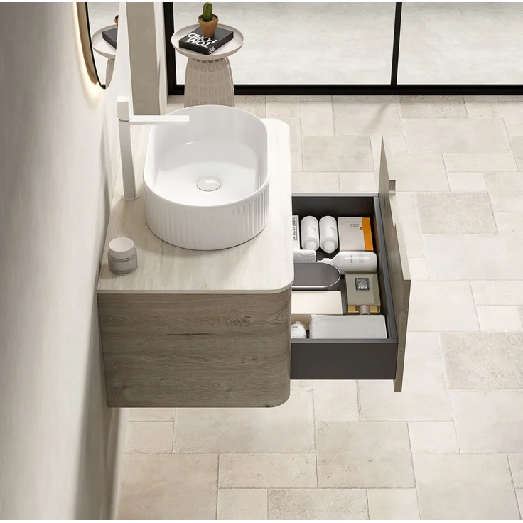 Badezimmer-Waschtisch 80 cm mit ovalem Keramikbecken, Sintersteinplatte und Soft-Close-Schublade – Bild 5