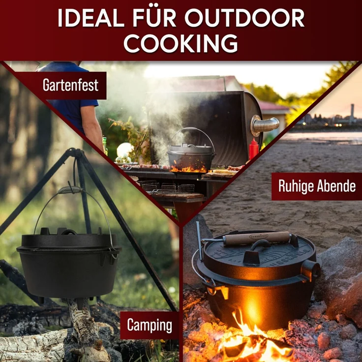 Dutch Oven 12 l mit Füßen – eingebrannt & sofort einsatzbereit, inkl. 2in1 Deckelheber, Reinigungsbürste, Rezeptbuch & Pflegeanleitung – Bild 5