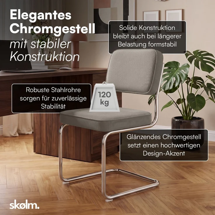 skølm 'Thund' Esszimmerstühle 6er Set, macchiato, Polsterstuhl aus Cord mit verchromten Metallgestell, Schwingstuhl bis 120 kg belastbar – Bild 4