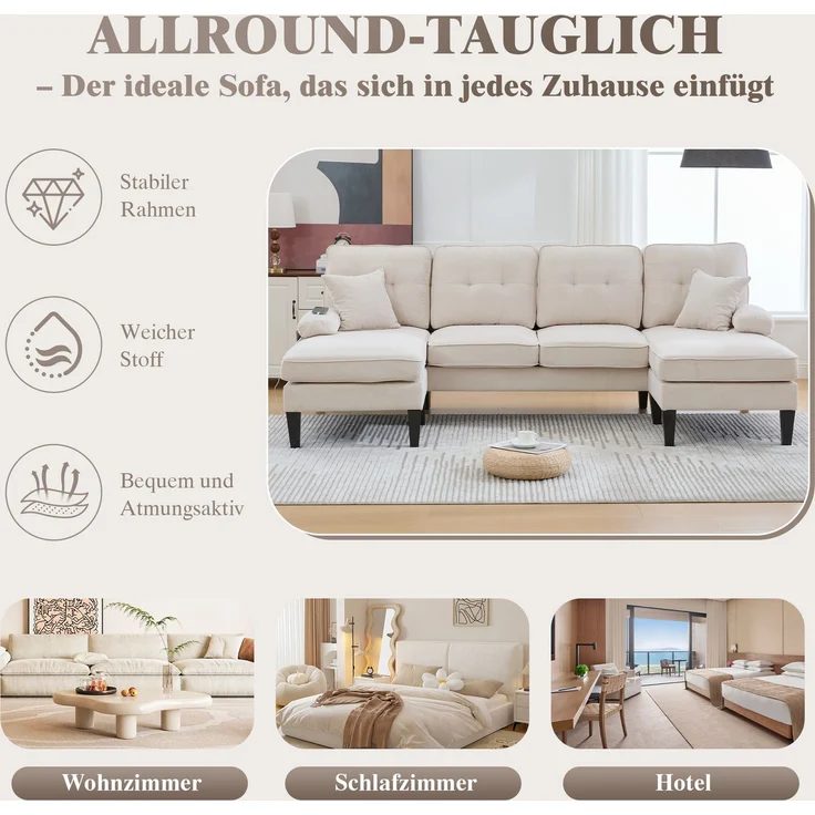 U-förmiges 4-Sitzer-Stoffsofa 250 cm mit 2 Chaiselongues, USB-C, Seitentaschen und Kissen, gepolsterte Wohnlandschaft, Beige – Bild 8
