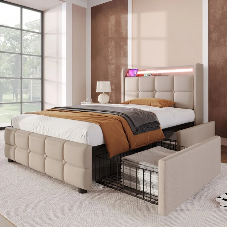 Einzelbett 90 × 200 cm mit Steckdosen,USB-Anschlüssen und LED-Beleuchtung,2 Schubladen,Leinenbezug in Beige – Bild 2