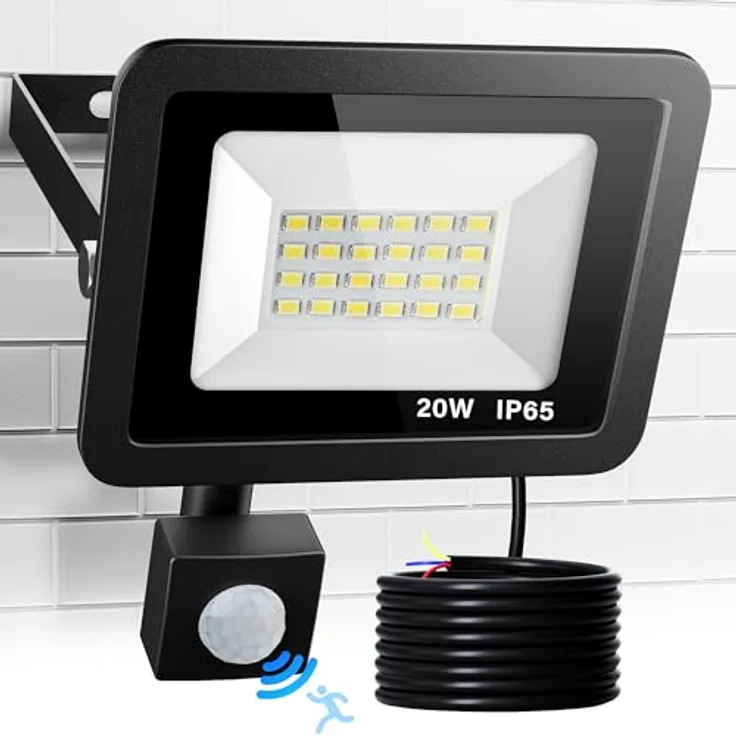 Realky LED Strahler mit Bewegungsmelder, 20W 2000LM, 6500K Kaltweiß, IP65 wasserdicht, für Garten und Garage