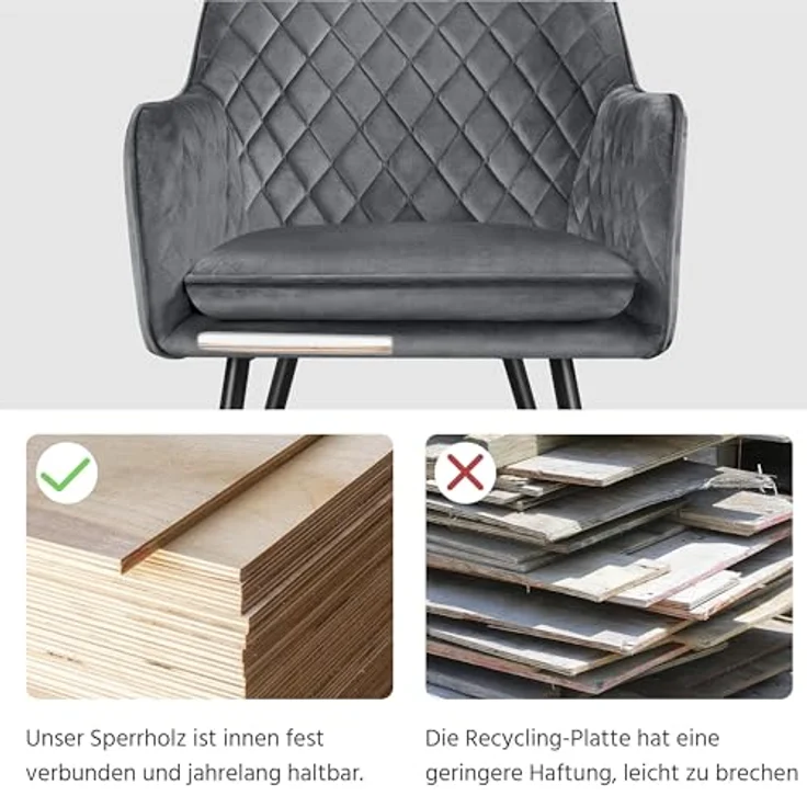 Yaheetech Esszimmerstühle, Sessel, 2er Set, Polsterstühle mit Armlehnen, Metallbeine, Samtbezug, Dunkelgrau, für Arbeitszimmer, Wohnzimmer, Schlafzimmer – Bild 7