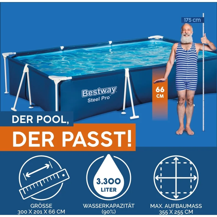 Bestway Steel Pro Frame Pool ohne Pumpe 300 x 201 x 66 cm, dunkelblau, eckig – Bild 3