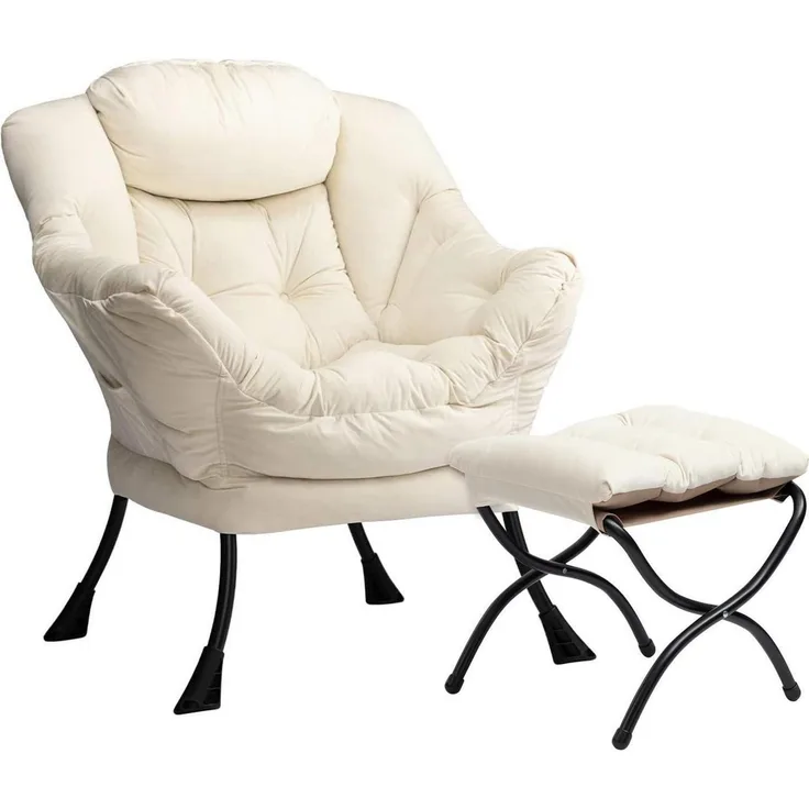 Sessel Ohrensessel Hocker Samt Lesesessel Beige mit Fußhocker