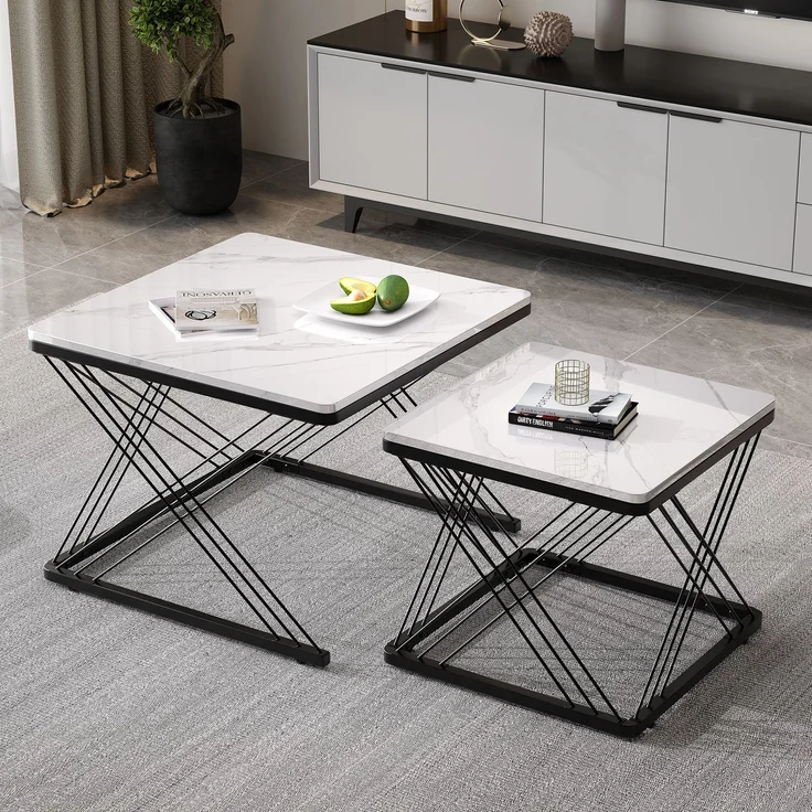 2-teiliges Couchtisch-Set in Weiß mit hochglänzender Marmoroptik, quadratische Beistelltische aus MDF mit höhenverstellbaren Füßen – Bild 3