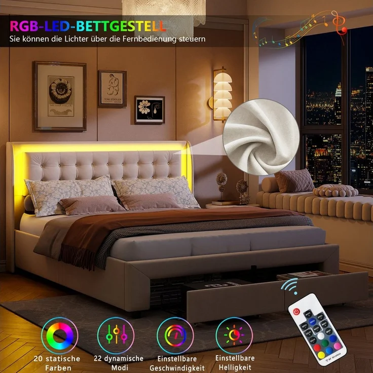 PXloue Polsterbett Polsterbett mit Stauraum und RGB-LED-Beleuchtung, beige Samt, Mit Gasdruckfedern, dimmbarer LED und Stauraum. – Bild 4