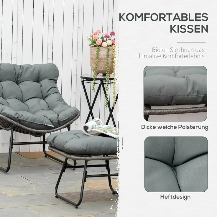 Outsunny Sitzgruppe Rattanstuhl mit Kissen, (Gartensessel, 2-tlg, Rattan Relaxsessel), Stahl Polyester Grau 69 x 76 x 70 cm – Bild 5