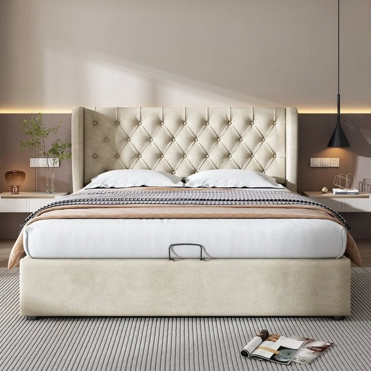 Odikalo Polsterbett Doppelbett mit Bettkasten & Lattenrost Mehrfarbig (140x200 160x200 180x200 180x190 Polsterbett Ohrenform Samtstoff Große Knopfnähte Doppelbett, Hydraulisches Funktionsbett mit Lattenrost und Stauraum, Bettunterseite ist mit einem sc... – Bild 1