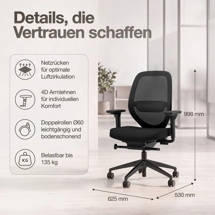 ASSMANN Ergonomischer Bürostuhl Atessa mit Netzrücken Schwarz 63x53x100cm Textil – Bild 6
