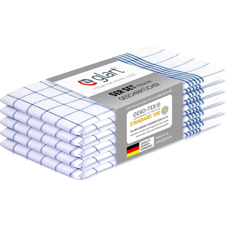 Glart 48KB1 Geschirrtücher 5er Set 50x70 cm blau kariert – 100% Baumwolle, Oeko-TEX Zertifiziert, waschbar, mit Aufhänger, vorgewaschen, saugstark, pflegeleicht, für Küche, Haushalt, Gastronomie