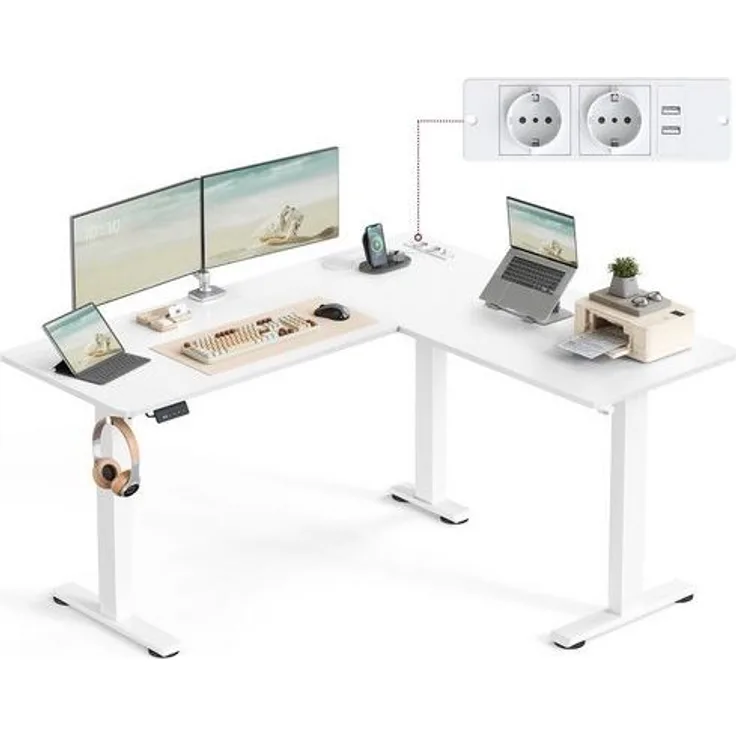 VASAGLE Höhenverstellbarer Schreibtisch elektrisch, L-förmiger Eckschreibtisch, mit Ladestation, Memory-Funktion mit 2 Höhen, für Homeoffice, wolkenweiß-mattweiß, 140x160 cm