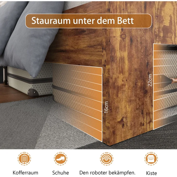 CHICFURN Bett aus MDF und Metall Braun 140x200 cm mit Eisenlattenrost – Bild 5