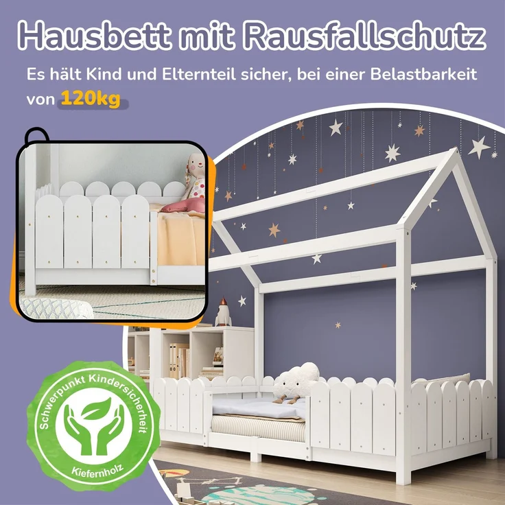 Hausbett mit Lattenrost, 90x200 cm, Kinderbett mit Rausfallschutz, Kiefer – Bild 5
