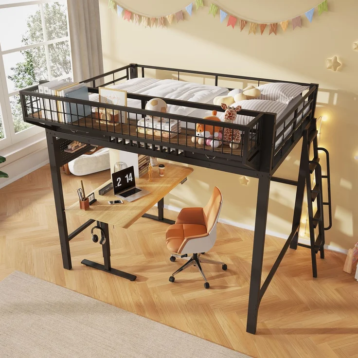 Hochbett, 140 x 200 cm, Metallbettgestell, Staufächer, offene untere Ebene, Ohne Matratze, Schwarz – Bild 3