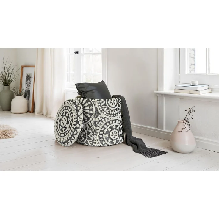 Wohnling Sitzhocker rund Ø40x45cm Wolle Grau-Creme mit Stauraum Boho Design – Bild 2