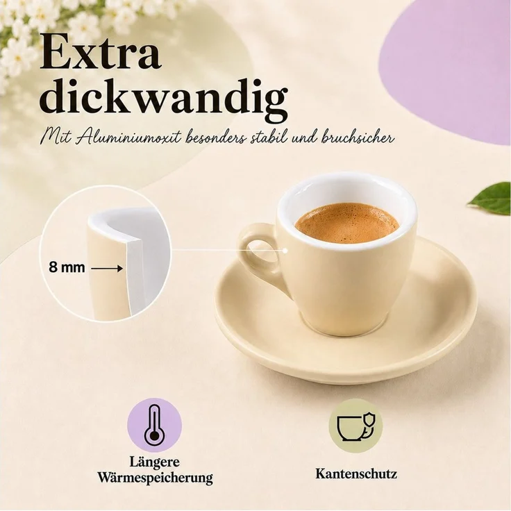 MUVELL Espressotasse Espressotassen 4er Set mit Untertassen, 50ml, Porzellan matt, 4-tlg, Porzellan, Creme, Barista-Design, dickwandig, Soft-Touch – Bild 4