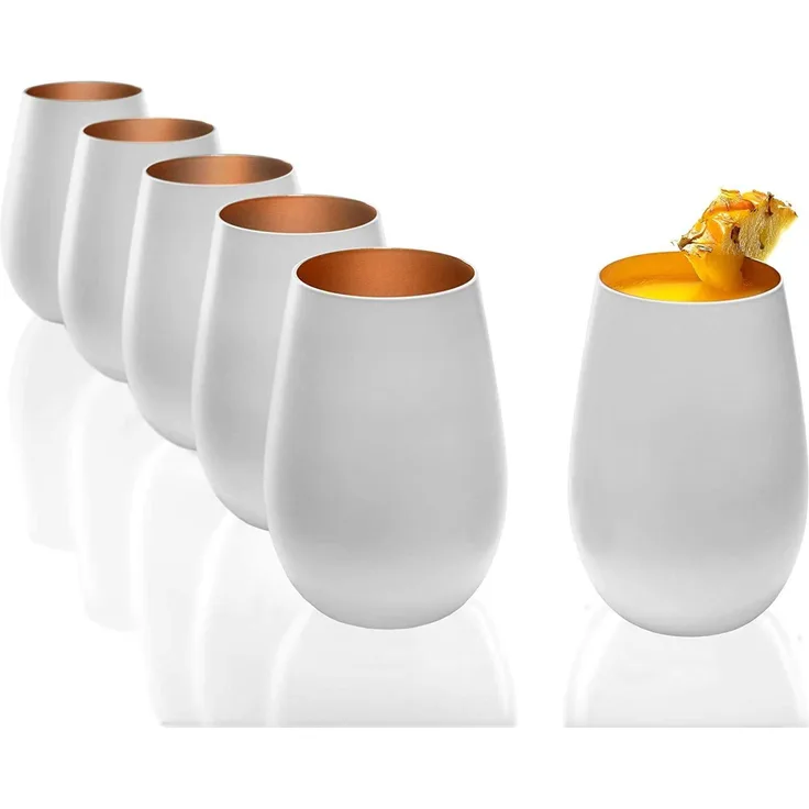 Stölzle Lausitz Becher 12er Set 465 ml matt weiß und bronze Wassergläser 3520012 + Gratis 4er Set EKM Living Edelstahl Trinkhalme