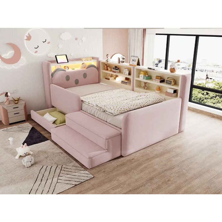 ZUBALIYA Polsterbett, mit Schubladen, mit Stauraum, mit LED-Beleuchtung, mit USB-Anschluss, inklusive Lattenrost, Liegefläche 90 × 200 cm, H 85 × T 218 × B 108.5 cm, Rosa, Samt – Bild 8