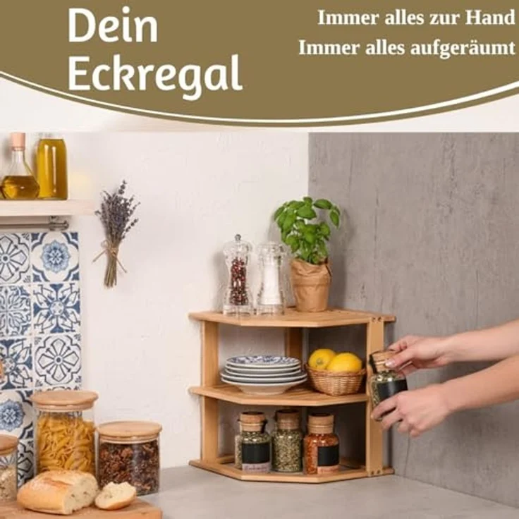 LS-LebenStil Küchenregal Eckregal Holz 27x25cm stehend Aufbewahrungsregal Gewürzregal, Küche & Bad - Gewürzregal über Eck - Organizer für Tassen Gewürze 1-tlg, Dekoregal als für Arbeitsplatte - Badregal Ablage Modern Platzsparend – Bild 6