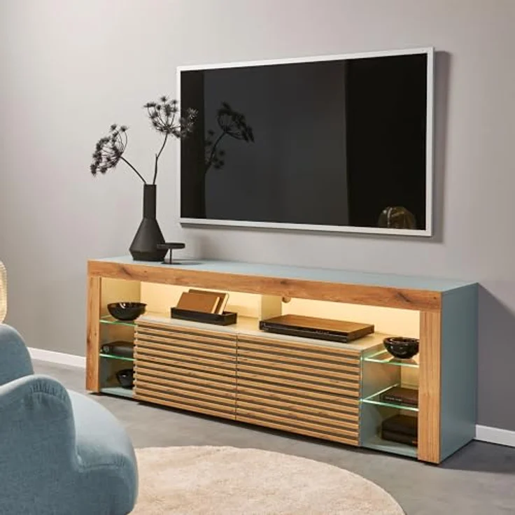 Goal 2 TV-Lowboard mit LED-Beleuchtung in Salbei, Evoke Eiche Optik - TV Schrank mit viel Stauraum für Ihr Wohnzimmer - 179 x 67 x 44 cm (B/H/T) – Bild 4