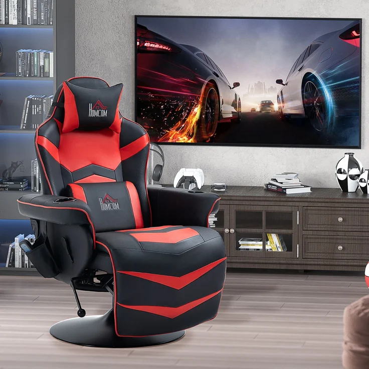 Wohnora-Gamingsessel, Massagefunktion, neigbare Lehne, Fußstütze, bis 120 kg, Stahlrahmen, Kunstleder, Rot,H 1115cm x T 780cm x B 800cm – Bild 2