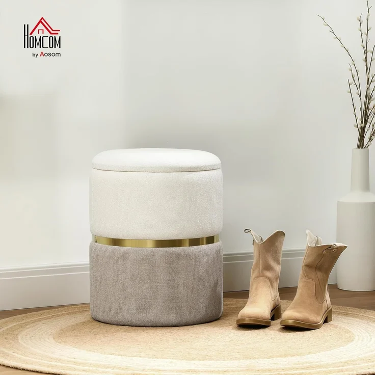 HOMCOM Sitzhocker mit Deckel, Metallring, zweifarbig Design (gepolsterter Fußhocker, 1 St, Ottomane mit Stauraum), Chenille 36 x 36 x 44 cm Cremeweiß – Bild 2