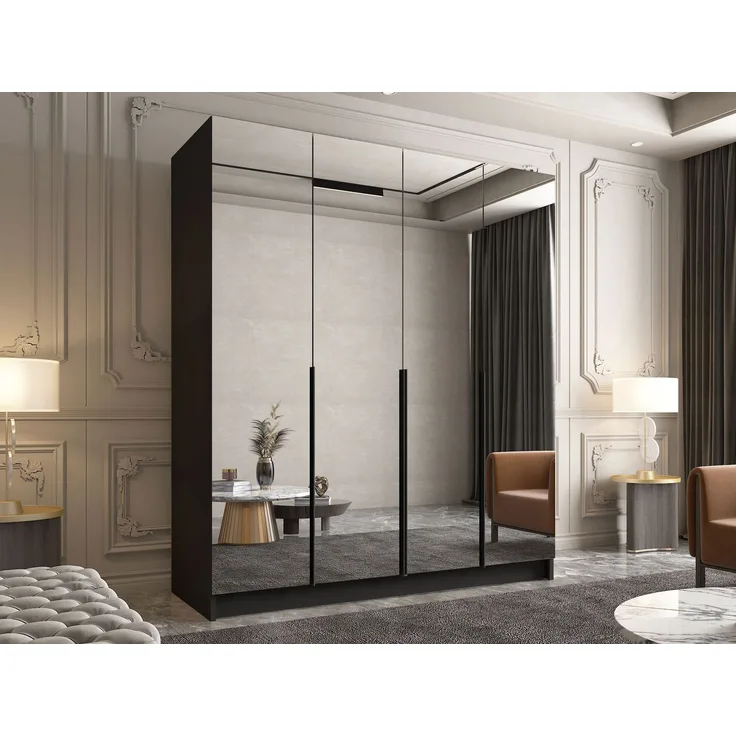 Drehtürenschrank Salkor III, Kleiderschrank mit 4 Türen, Frontspiegel, Farbe: Schwarz, 200 x 215 x 58 cm