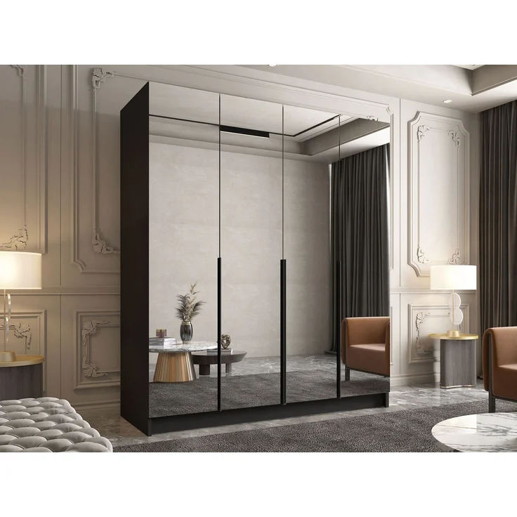 Drehtürenschrank Salkor III, Kleiderschrank mit 4 Türen, Frontspiegel, Farbe: Schwarz, 200 x 215 x 58 cm – Bild 1